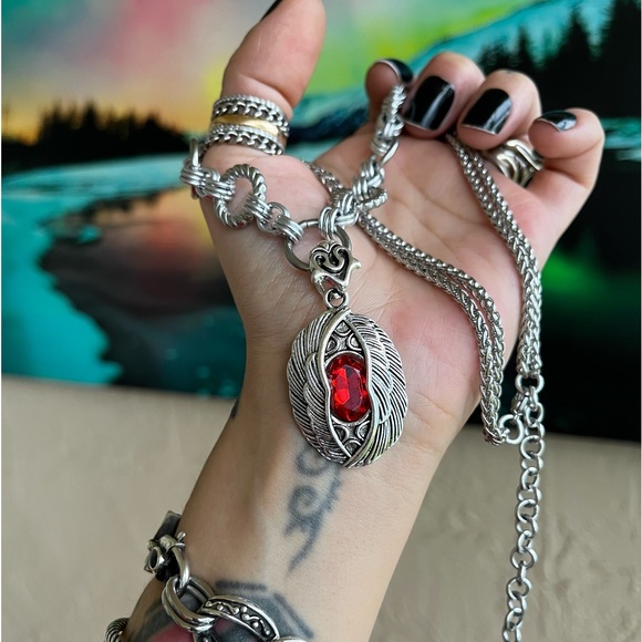 stainless steel necklace double wheat chain angel wings red stone charm . - Picture 9 of 13